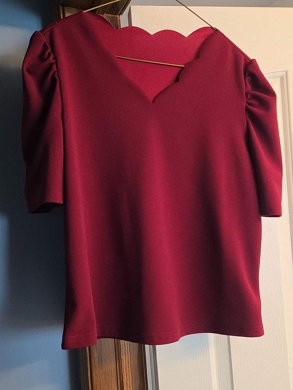 Scallop V-Neck Short Sleeve Top in Deep Berry